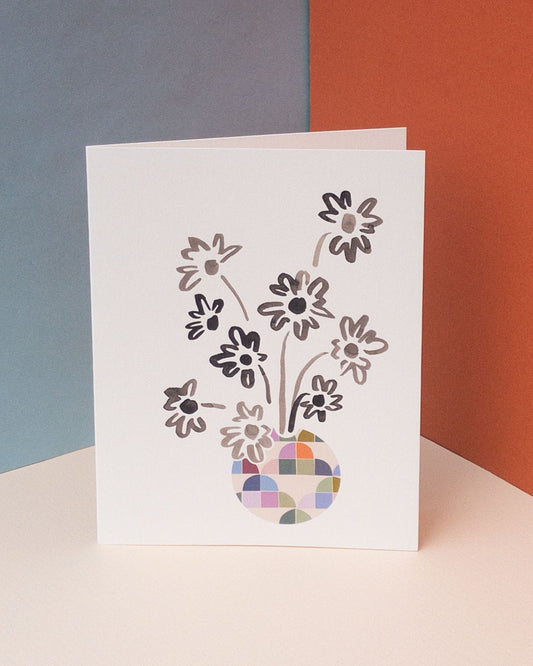 Inky Daisies in Round Vase Greeting Card