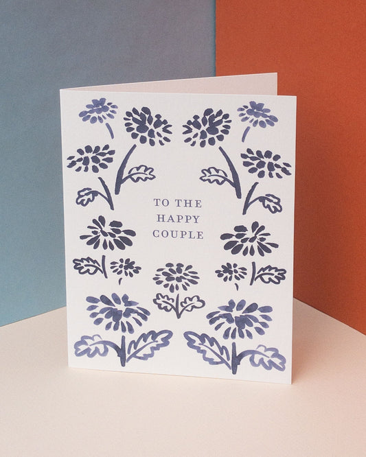Navy Floral Border Wedding Card