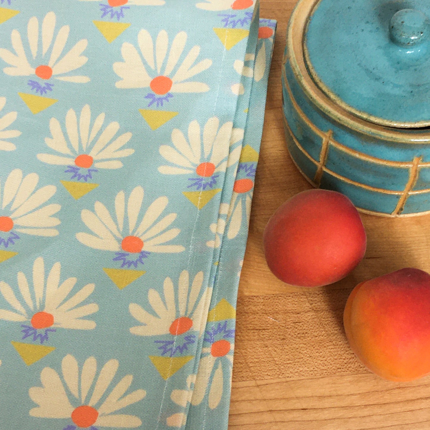 Linen Tea Towel - Teal Fan Flowers