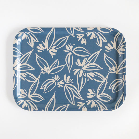 Blue floral tray on a white background.