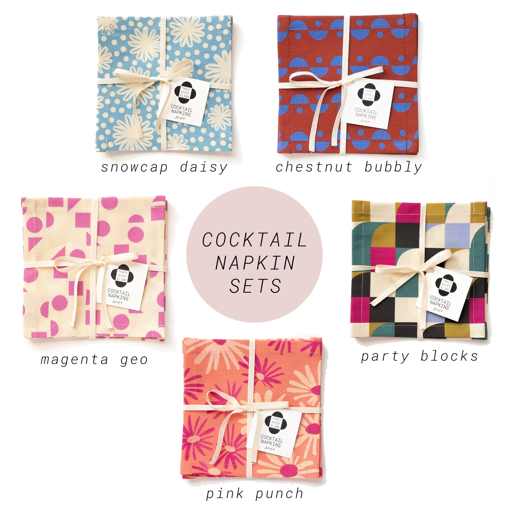 Cocktail napkin sets with colorful patterns and brand labels on a white background