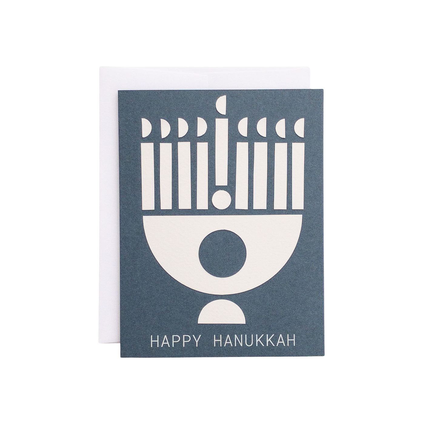 Greeting card with menorah design and 'Happy Hanukkah' text on a blue background