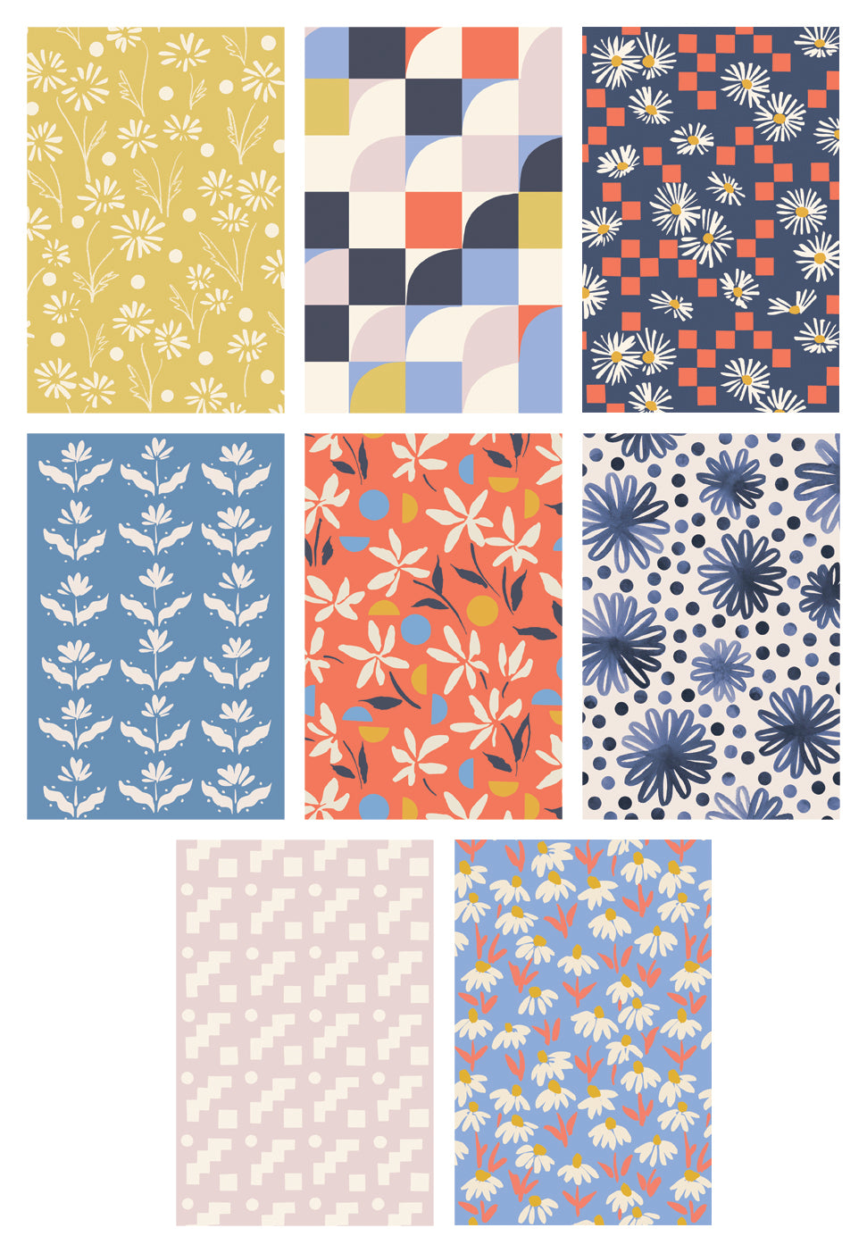 Eight floral and geometric postcard designs arranged in a grid.