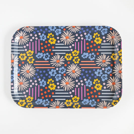 Colorful floral and geometric patterned tray on a white background.