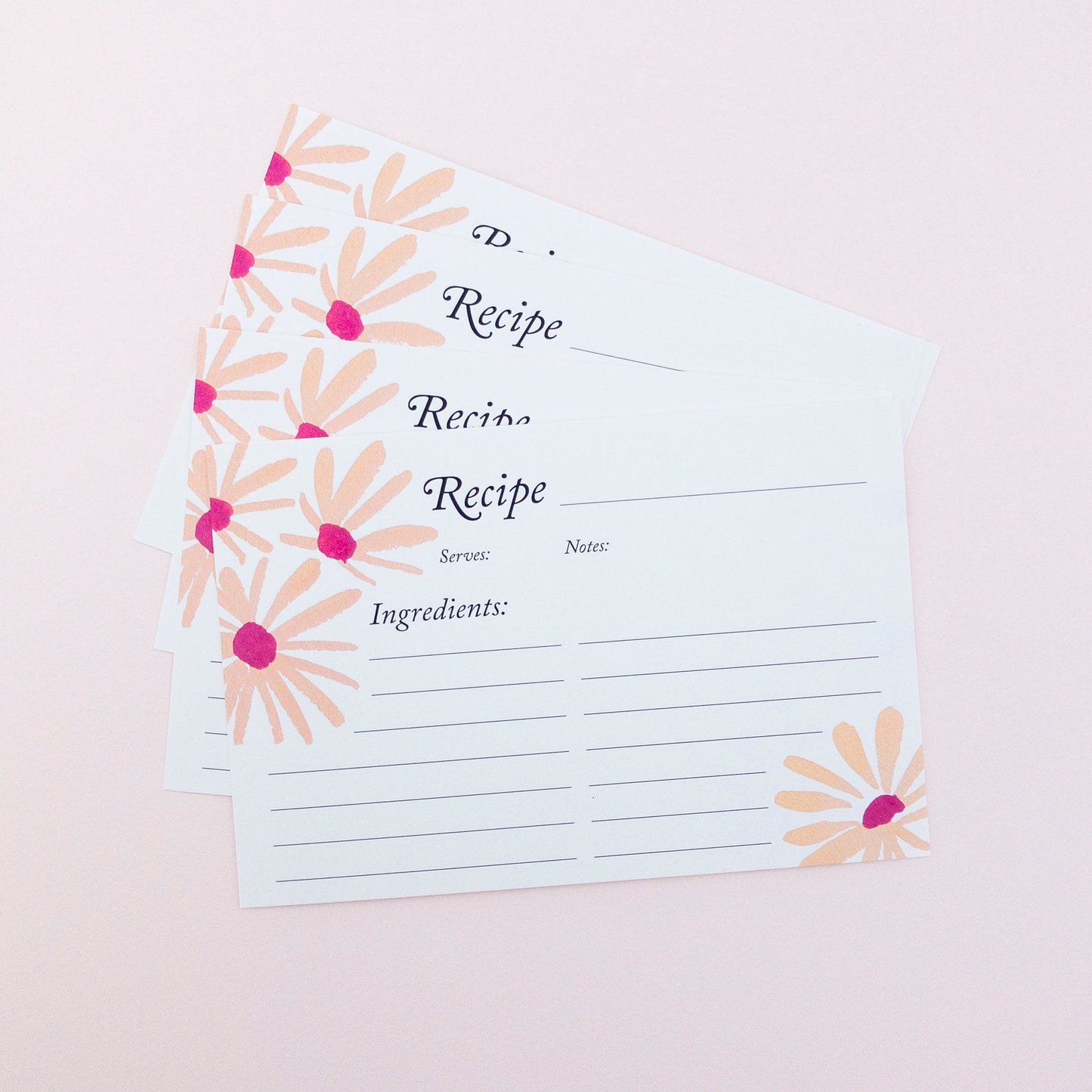 Set of recipe cards with floral design on a light pink background