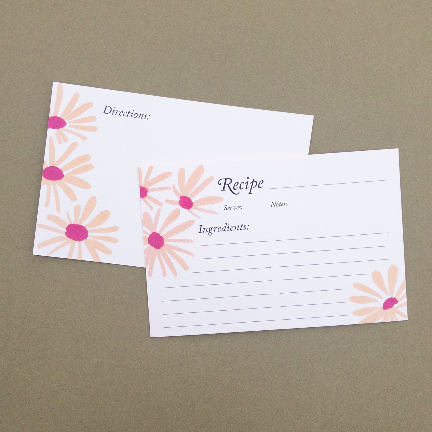 Recipe cards featuring a peach and magenta floral pattern on a muted green background.