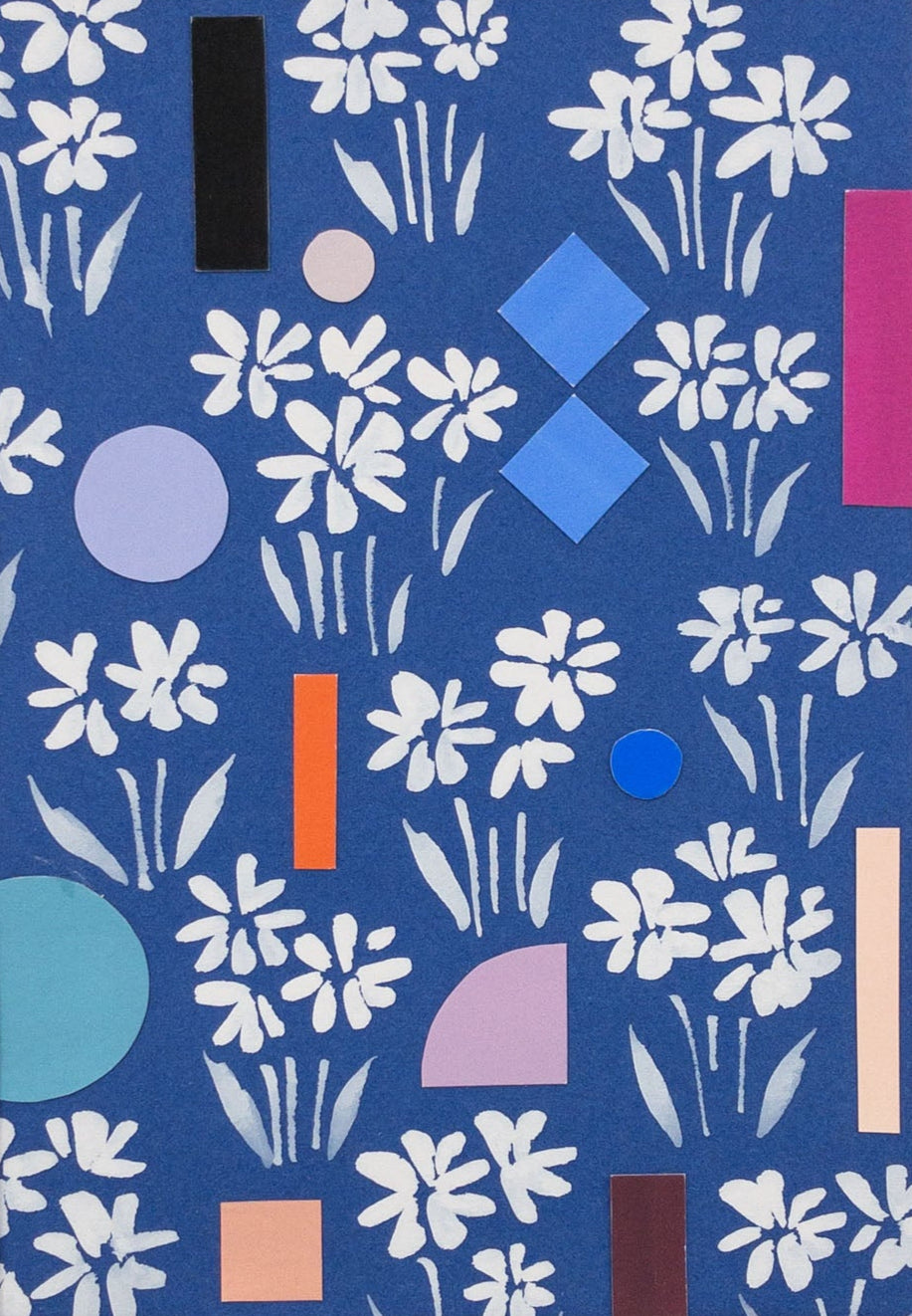 White florals on a blue background interspersed with colorful geometric shapes.