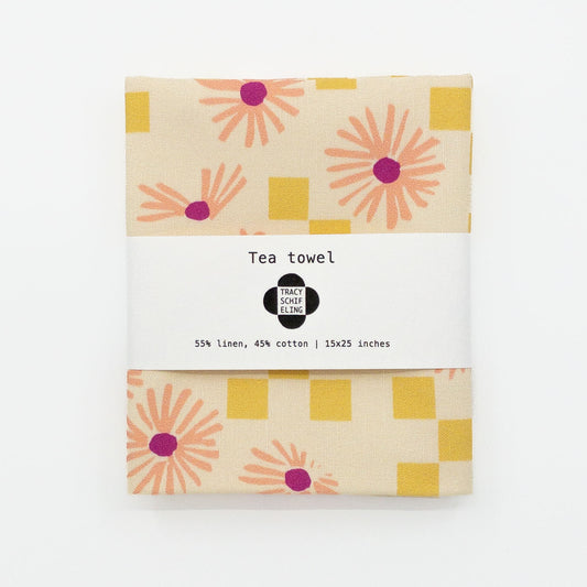 Cotton Linen Tea Towel - Pink Aster Checks
