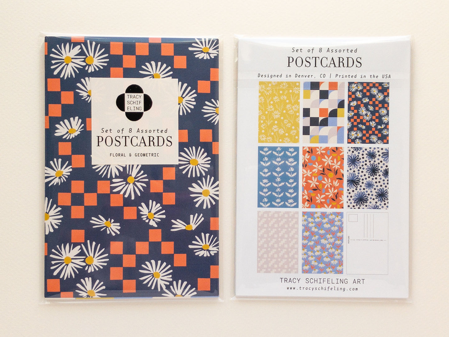 Front and back of a packaged postcard set.