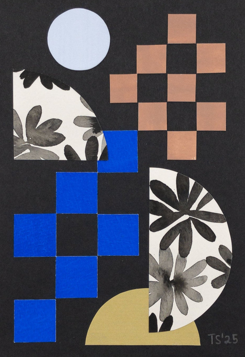 Original artwork featuring blue and brown squares, floral semicircles, and yellow and light blue circles on a black background.