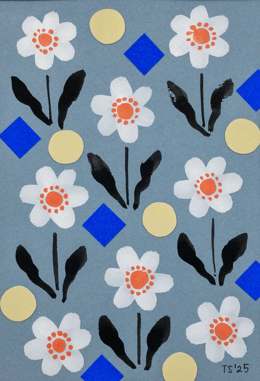 Floral and geometric collage featuring daisies, yellow circles, and blue squares.