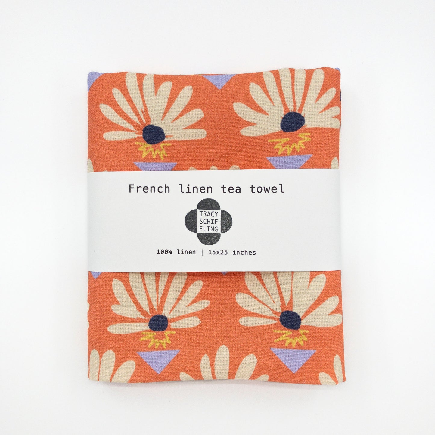 Linen Tea Towel - Red Fan Flowers
