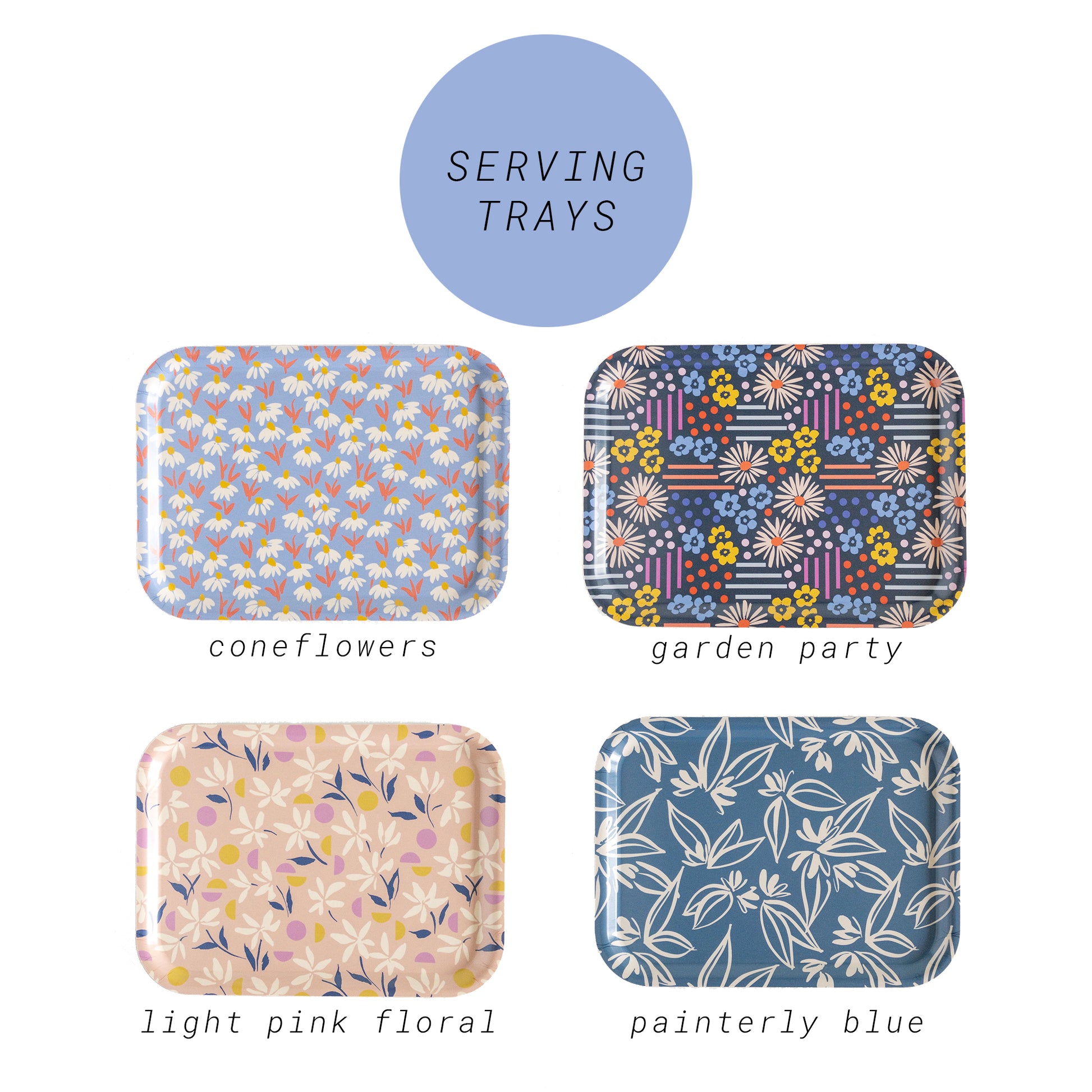 Four serving trays with floral patterns on a white background