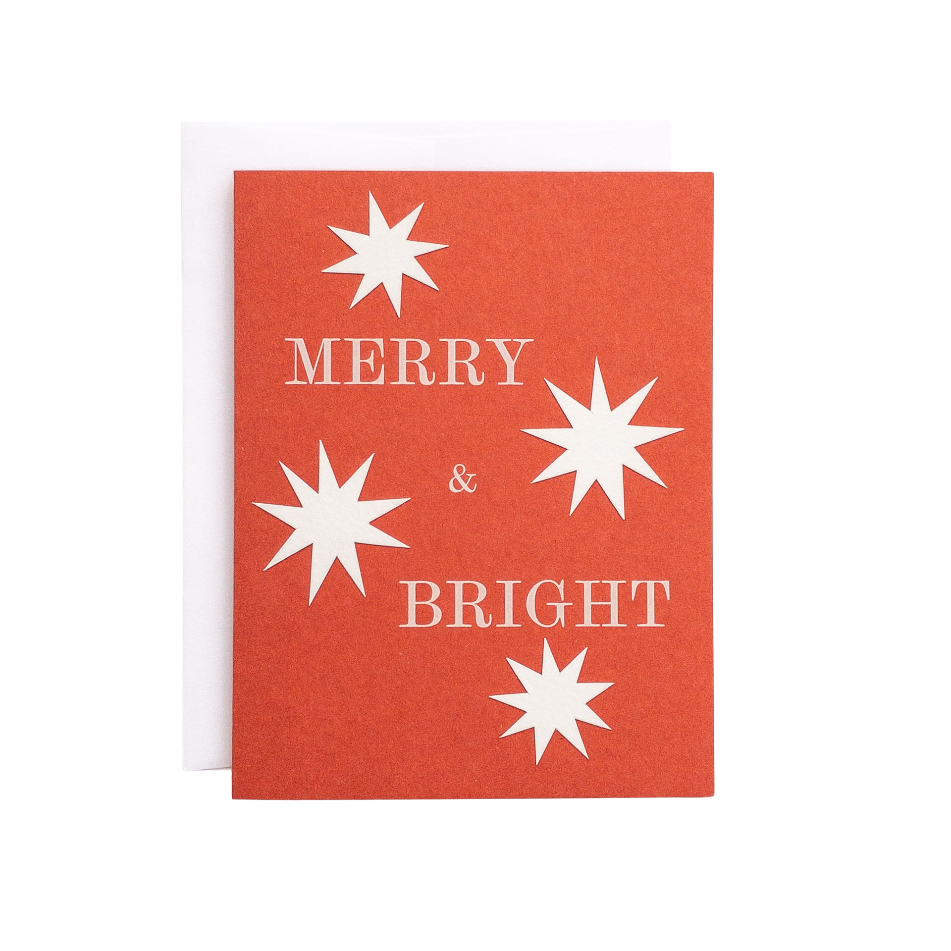 Red card with white stars and 'Merry & Bright' text on a white background