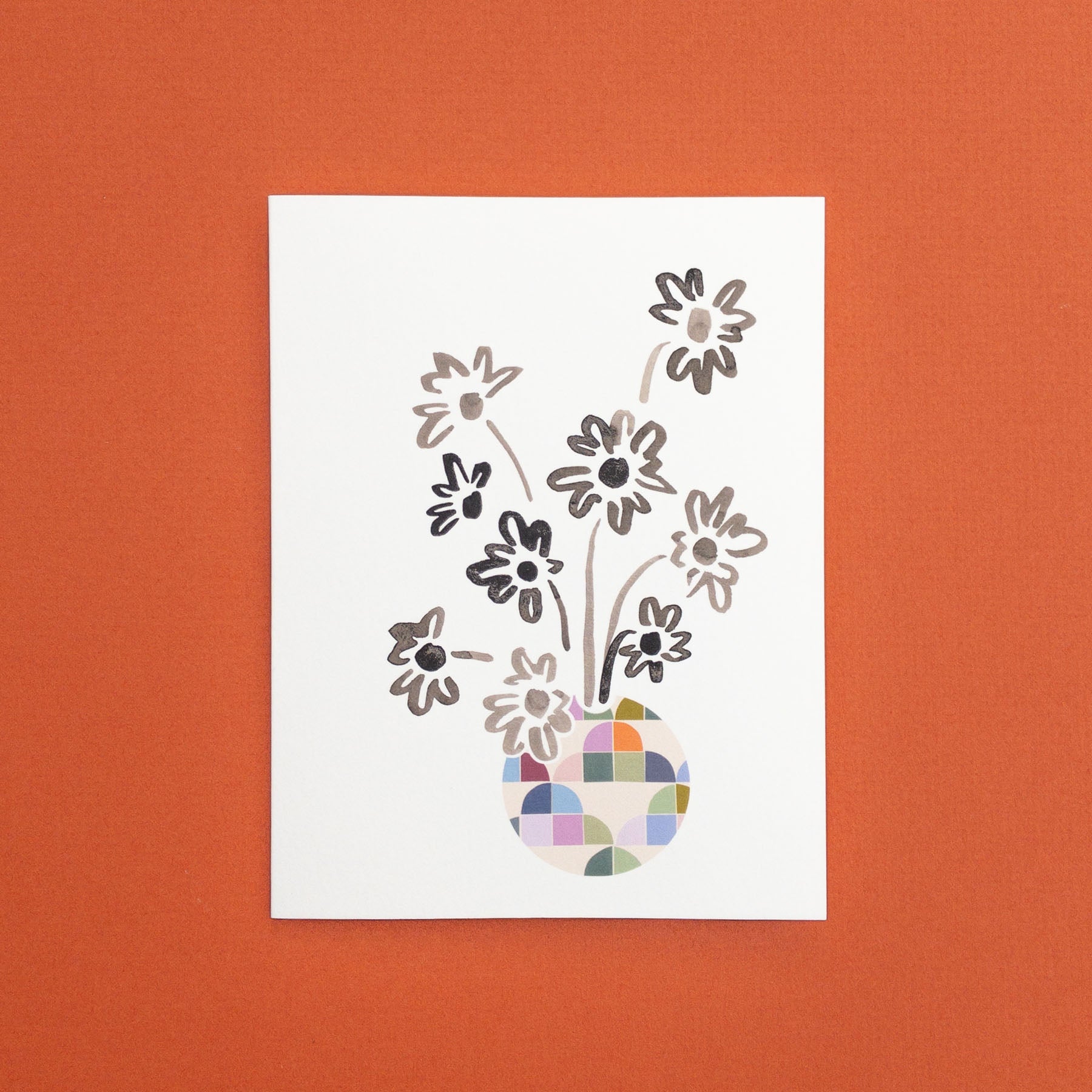 Botanical greeting card with floral design and colorful vase