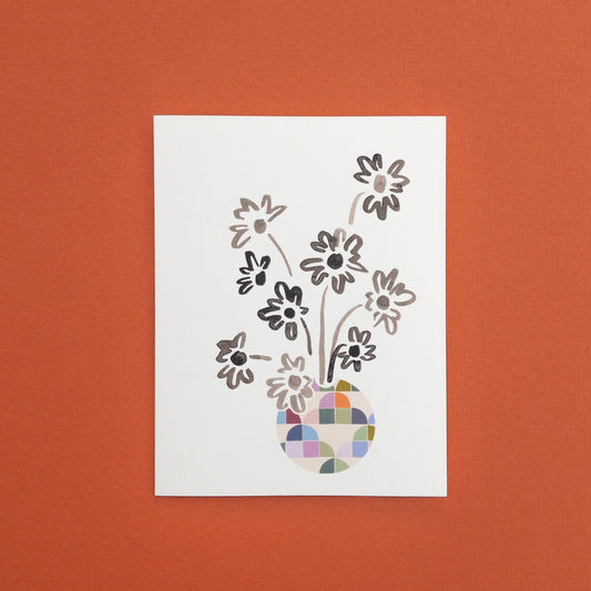 Inky Daisies in Round Vase Greeting Card