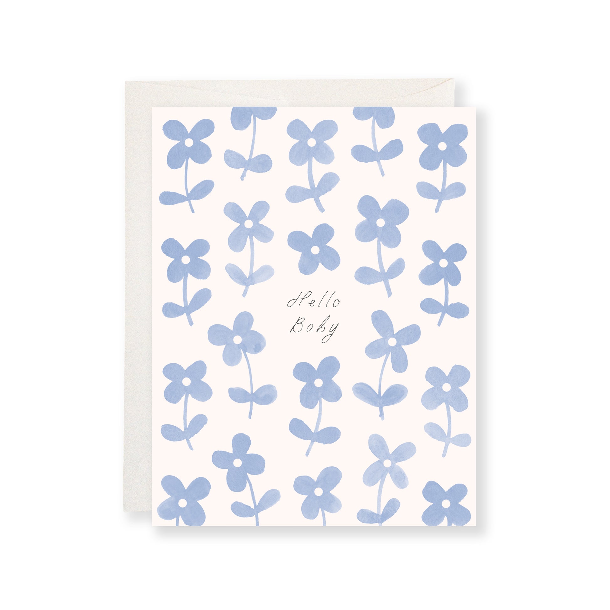 Greeting card with blue floral pattern and 'Hello Baby' text on a white background