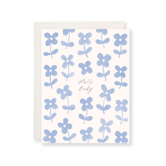 Greeting card with blue floral pattern and 'Hello Baby' text on a white background