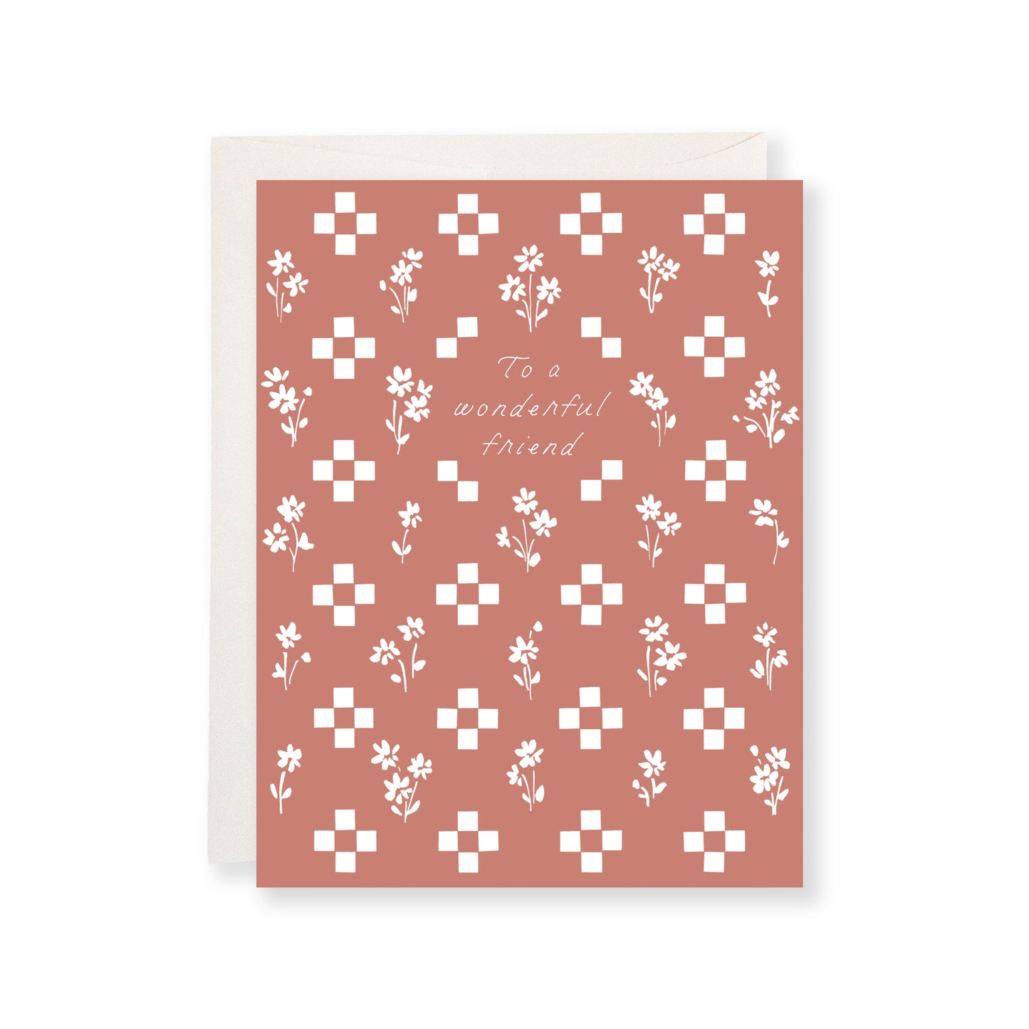 Greeting card with floral pattern and "To a wonderful friend" text on a white background