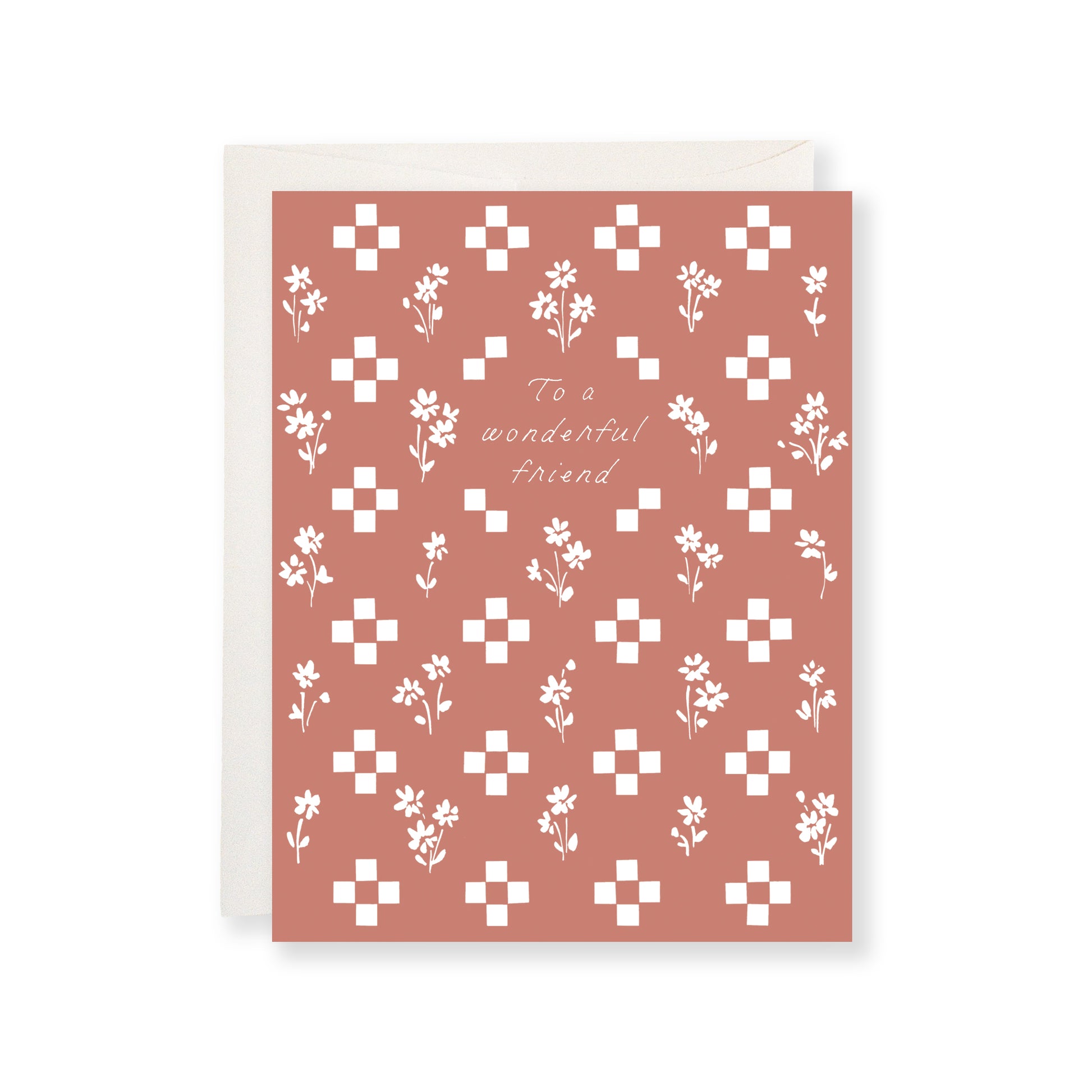 Greeting card with floral pattern and "To a wonderful friend" text on a white background
