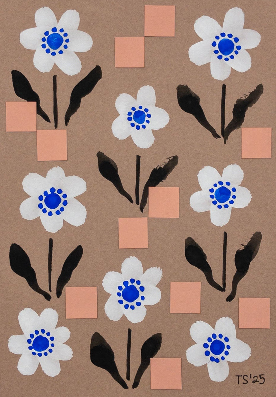 Floral artwork featuring white flowers and brown squares in a repeating pattern on a brown background.
