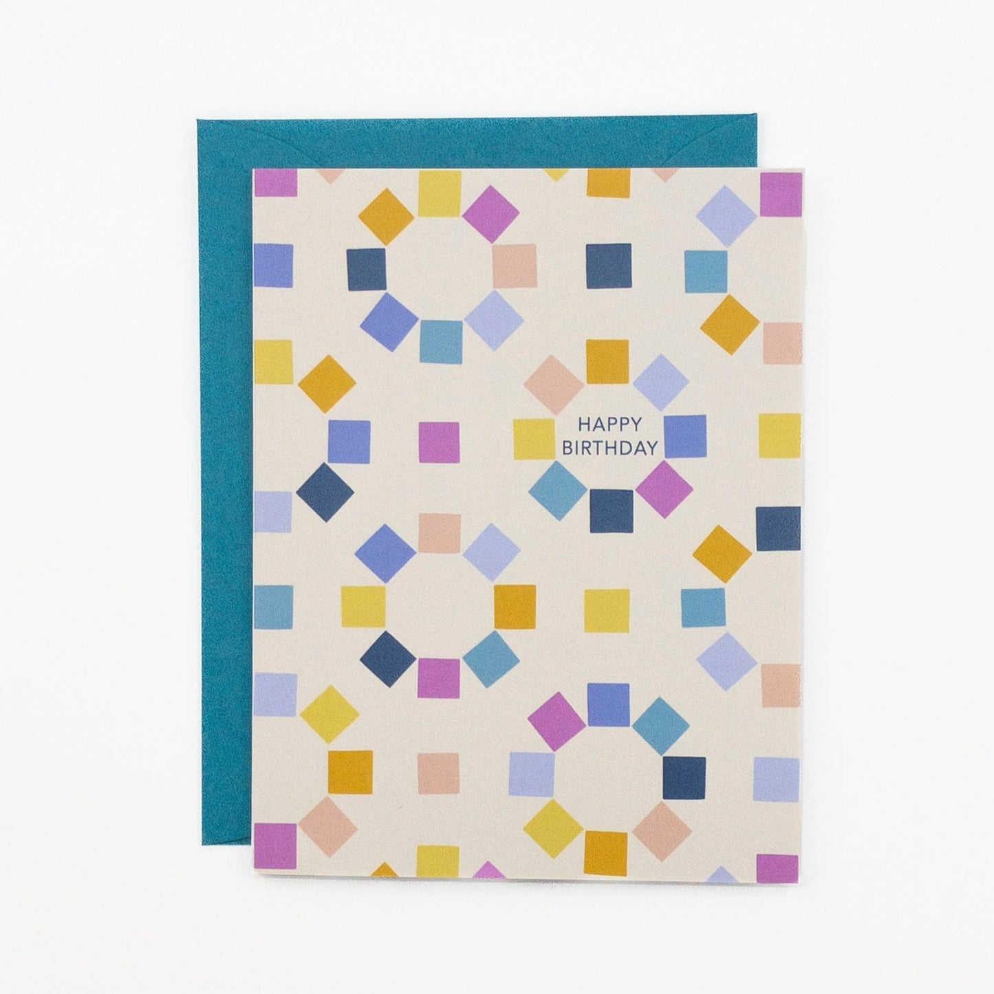 Greeting card featuring colorful squares and the message "Happy birthday".