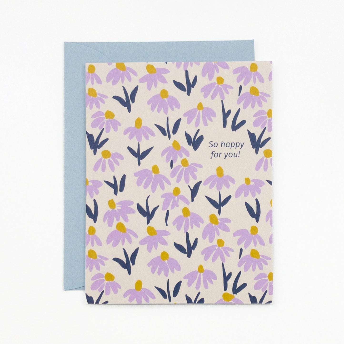 Greeting card with purple flowers and the text "So happy for you" with a light blue envelope.