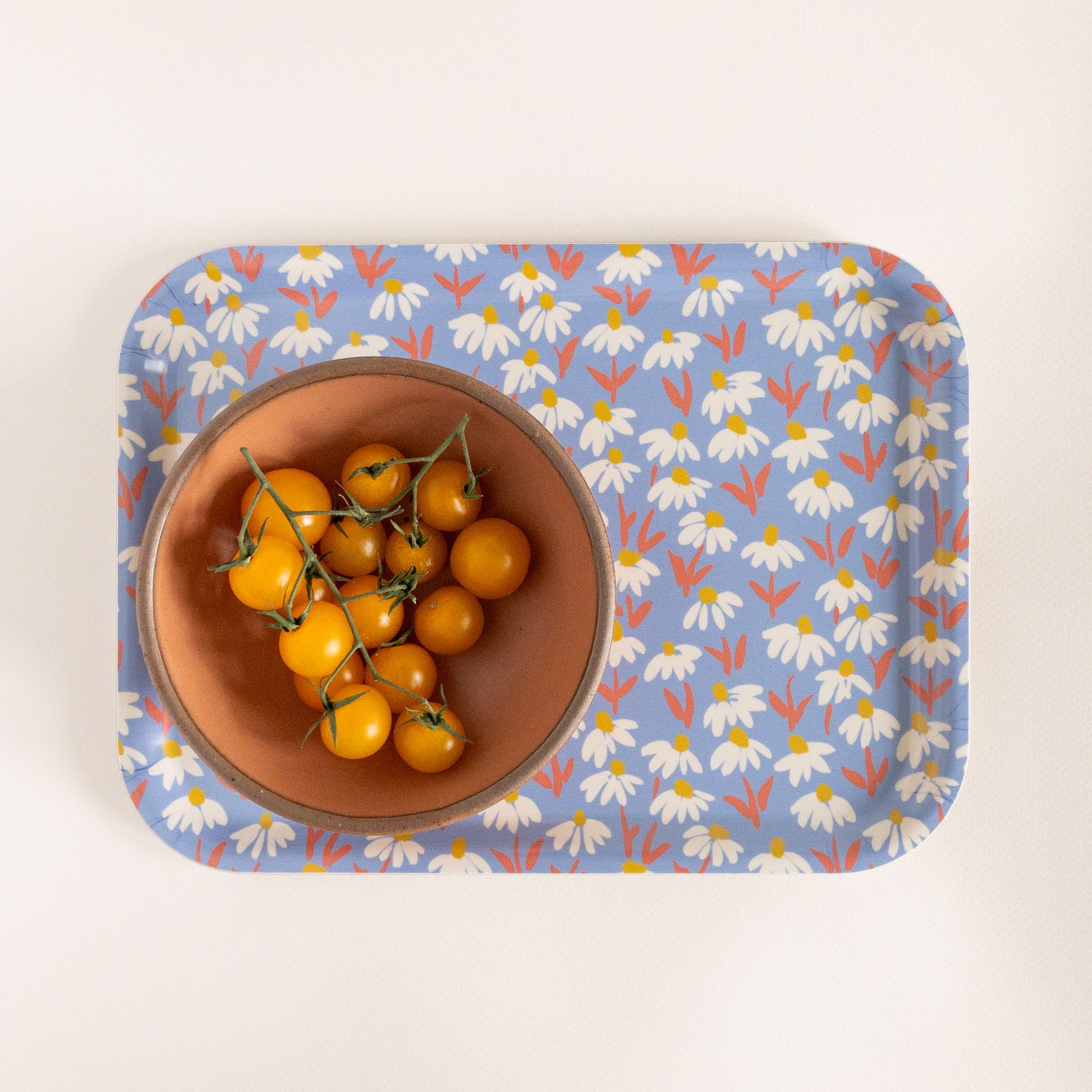 Blue floral tray holding a bowl of tomatoes on a white background.