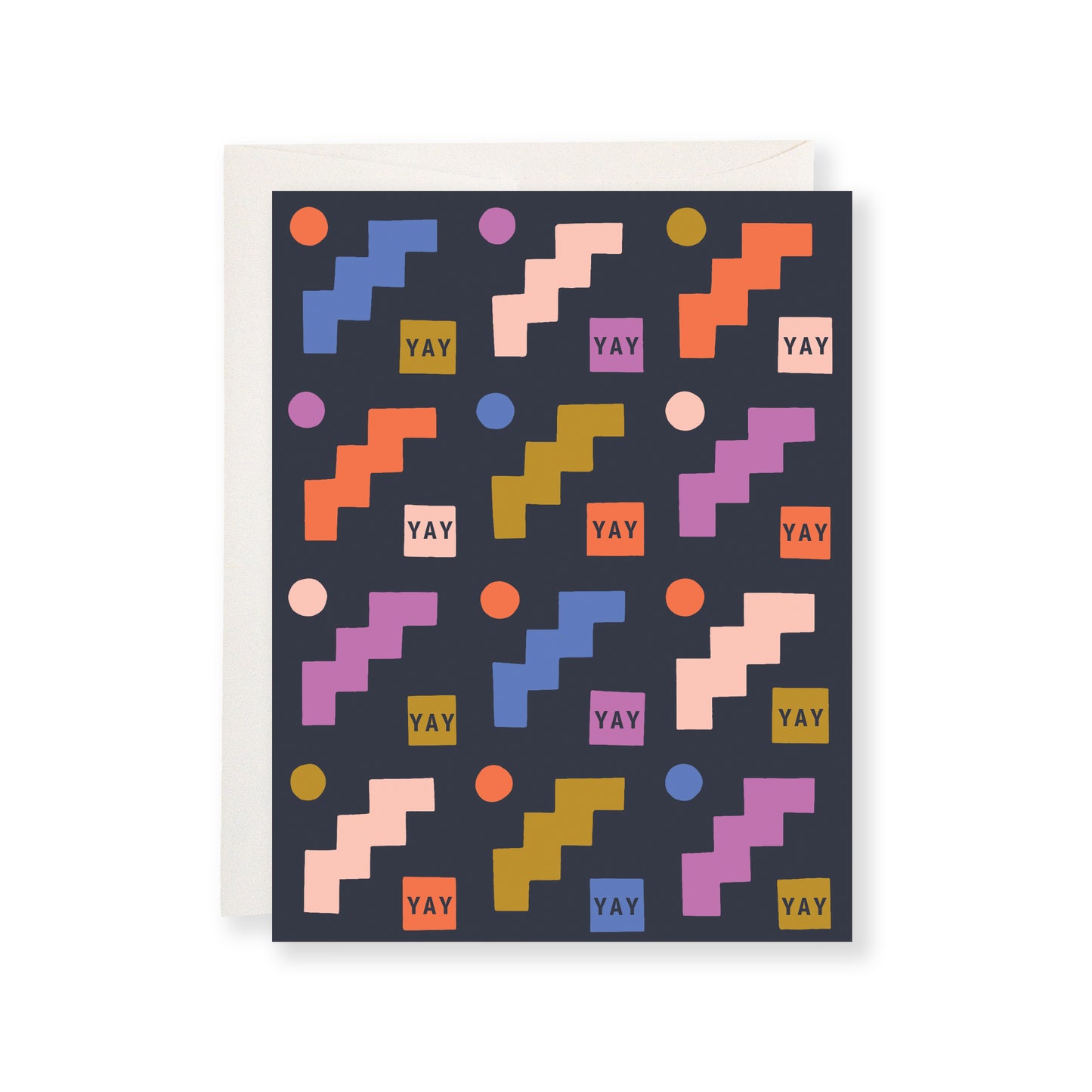 Colorful geometric greeting card that says "YAY".