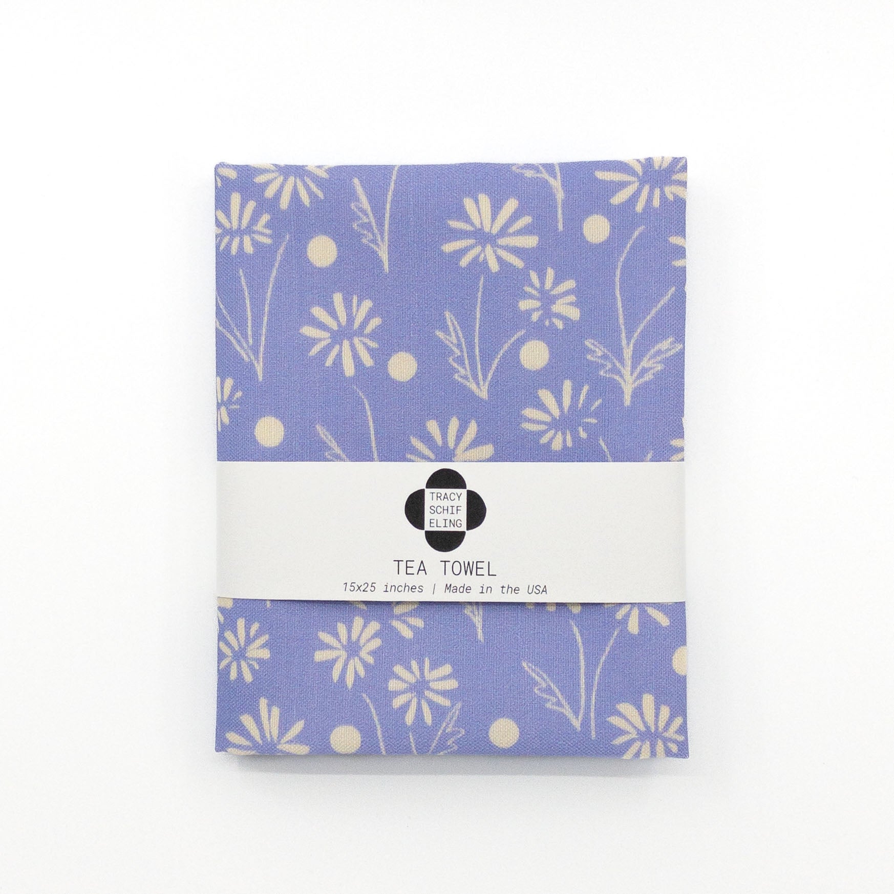 Blue floral tea towel featuring a pattern of hand-drawn flowers and dots.