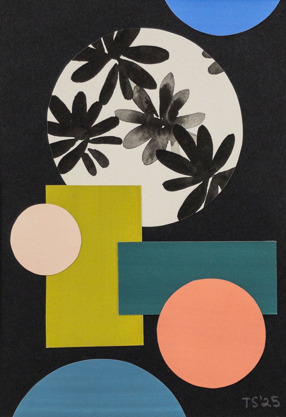Colorful collage featuring bold colorblock shapes and a circle with hand-painted flowers.