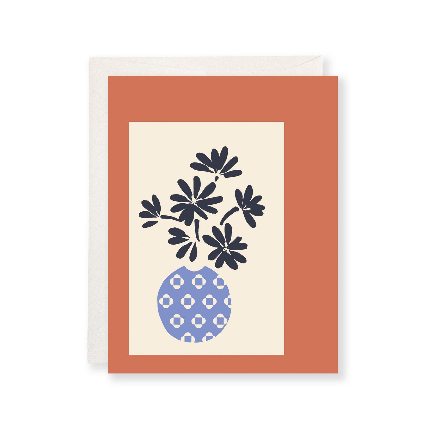 Greeting card featuring hand-painted flowers in a blue vase with a rust red border.