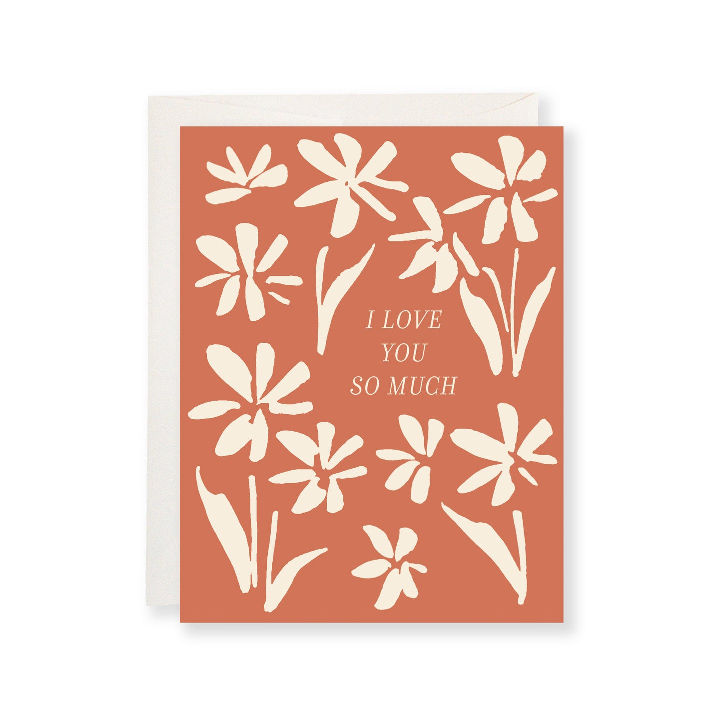 Greeting card featuring hand-drawn floral silhouettes on an earthy red background.