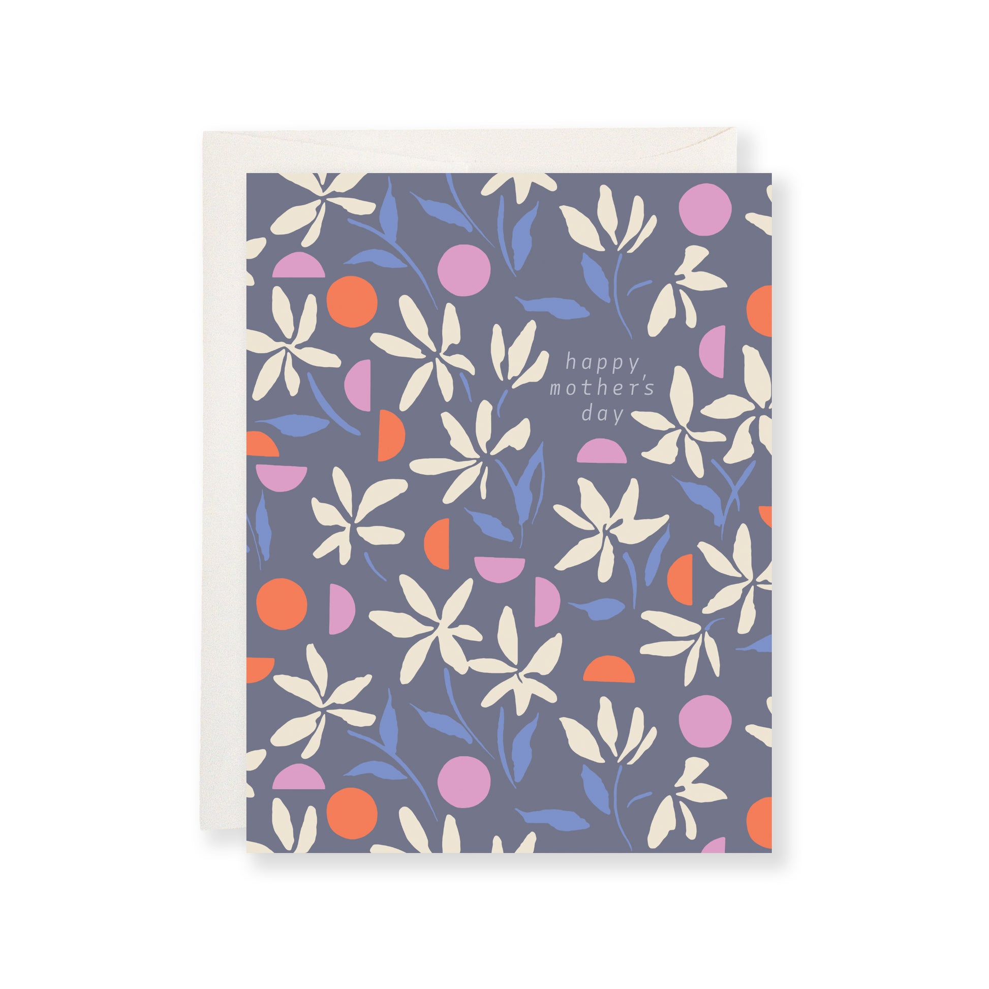 Floral Mother's Day card featuring hand-drawn flowers and pink and orange shapes on a white background.