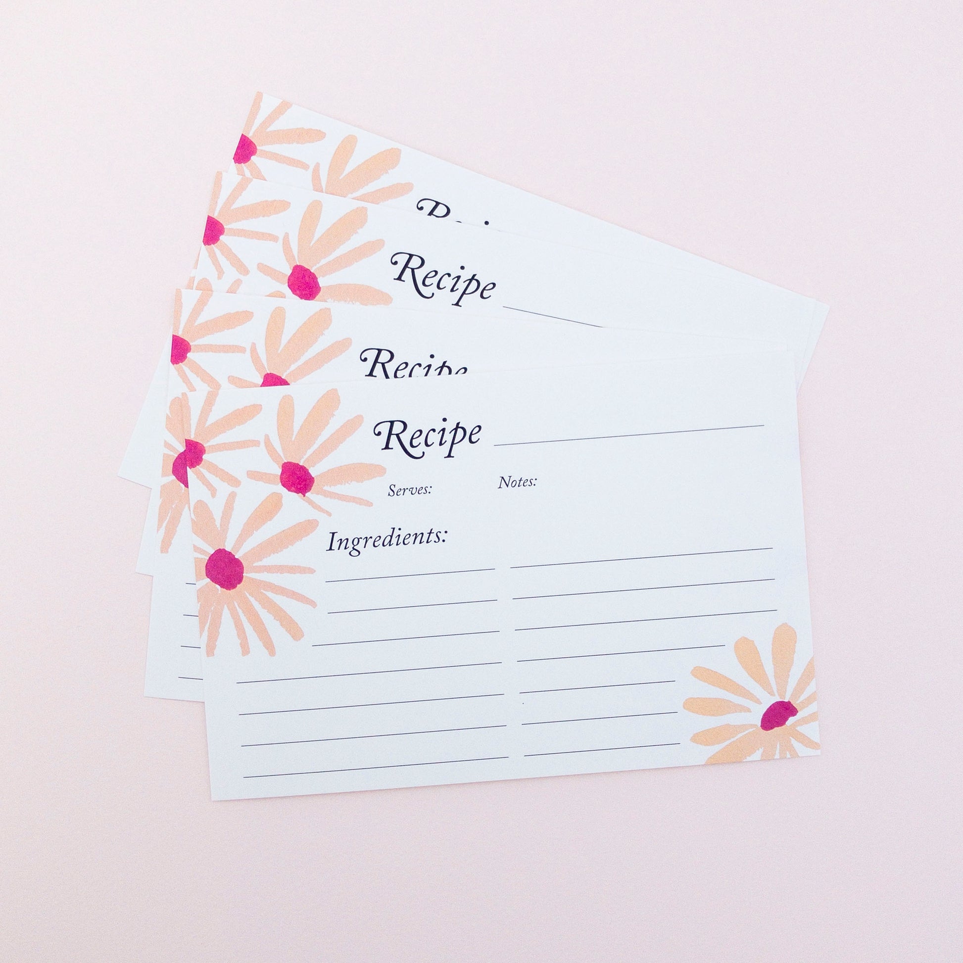 Set of recipe cards with floral design on a light pink background