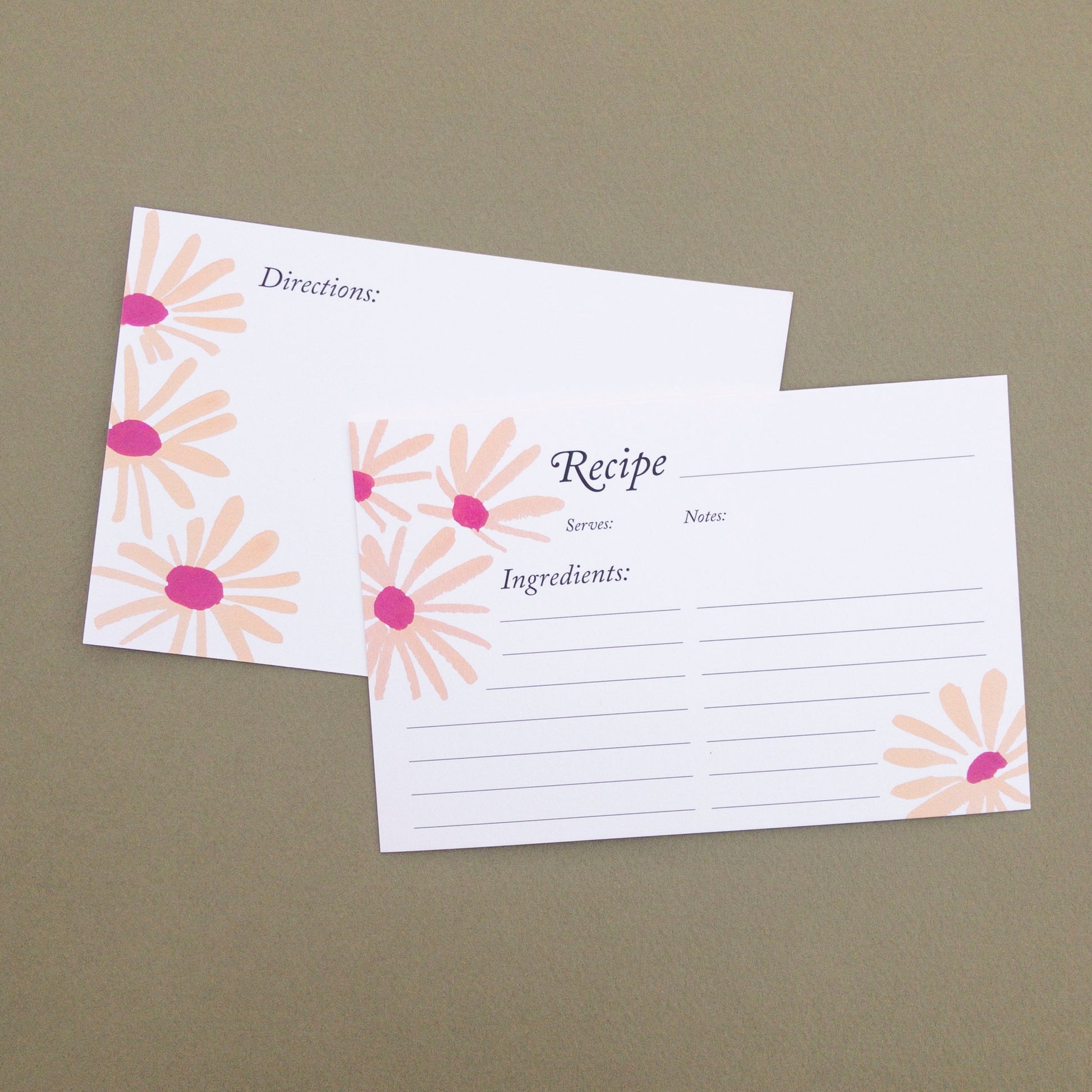 Recipe cards featuring a peach and magenta floral pattern on a muted green background.