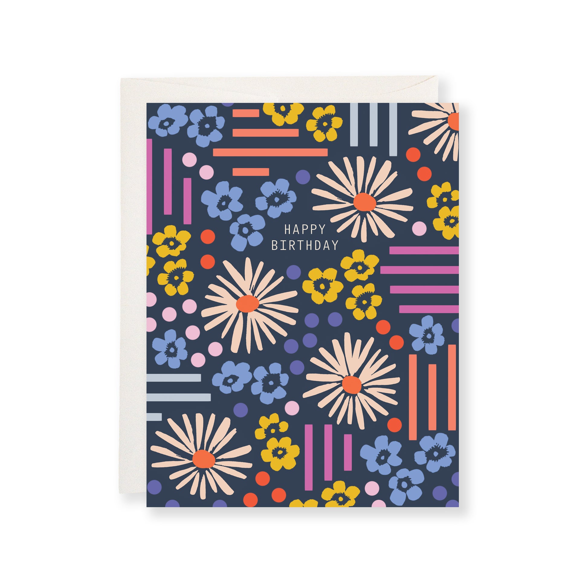 Happy Birthday greeting card featuring flowers, stripes, and dots in vibrant colors.