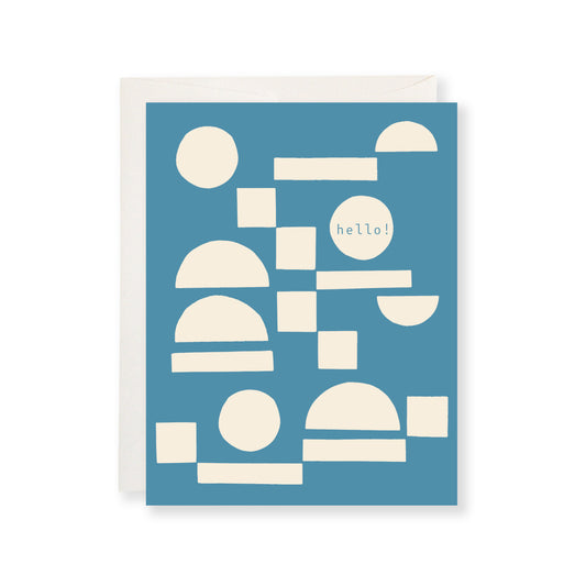 Blue greeting card featuring a white geometric shape pattern and the text "hello!"