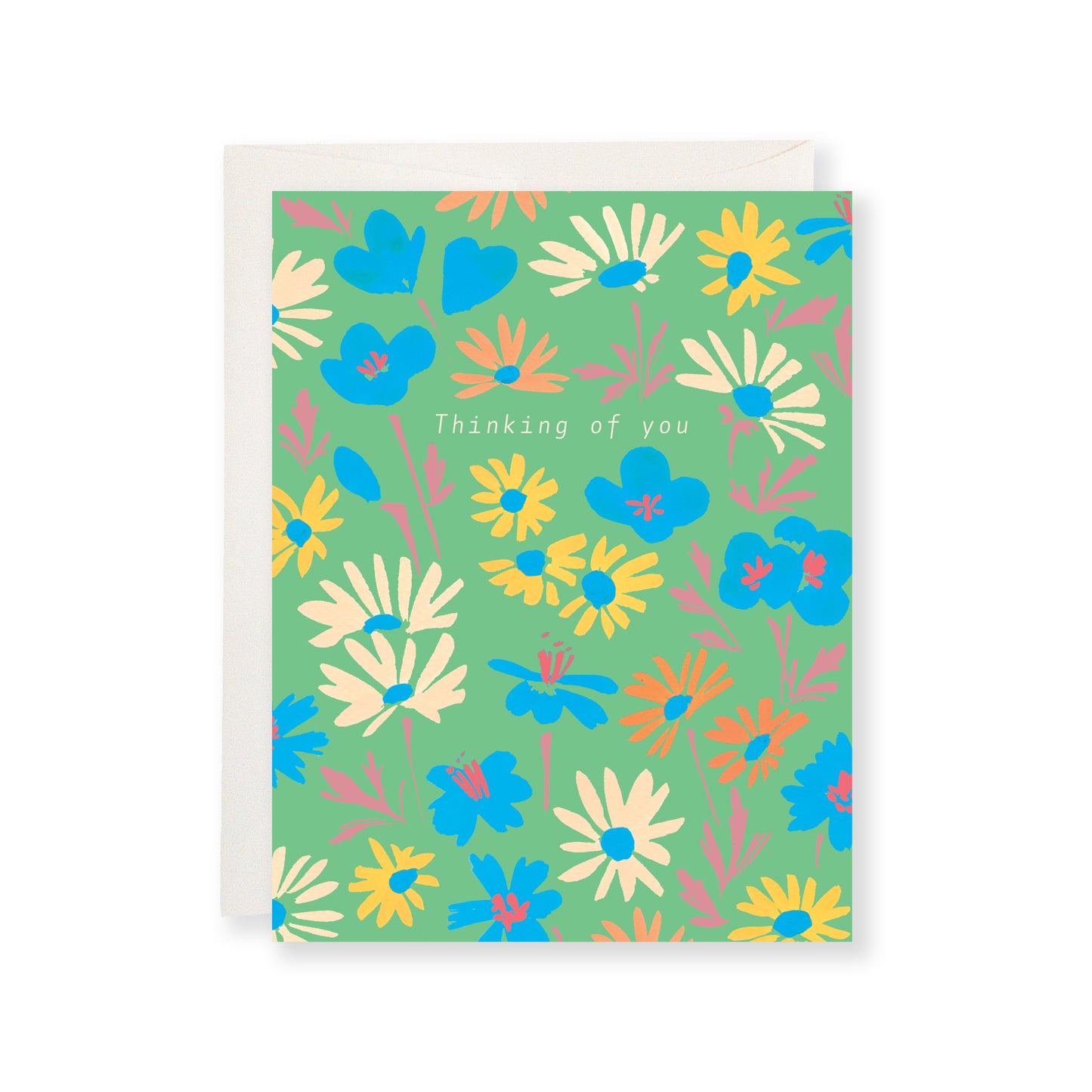 Greeting card featuring flowers against a green background and the message "Thinking of you".