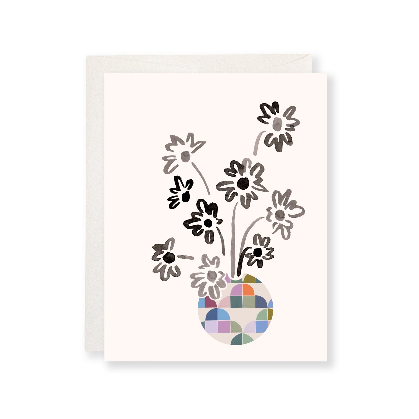Inky Daisies in Round Vase Greeting Card