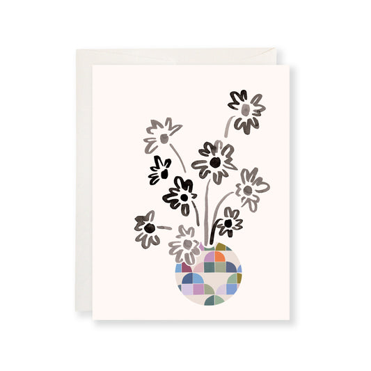 Inky Daisies in Round Vase Greeting Card
