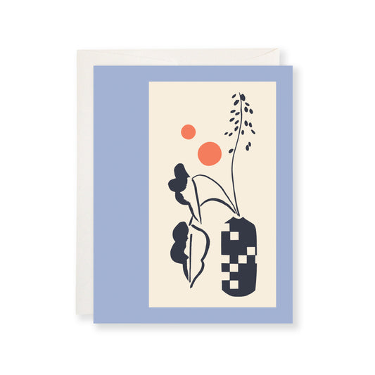 Greeting card featuring a hand-drawn floral silhouette with red circles and a periwinkle blue border.