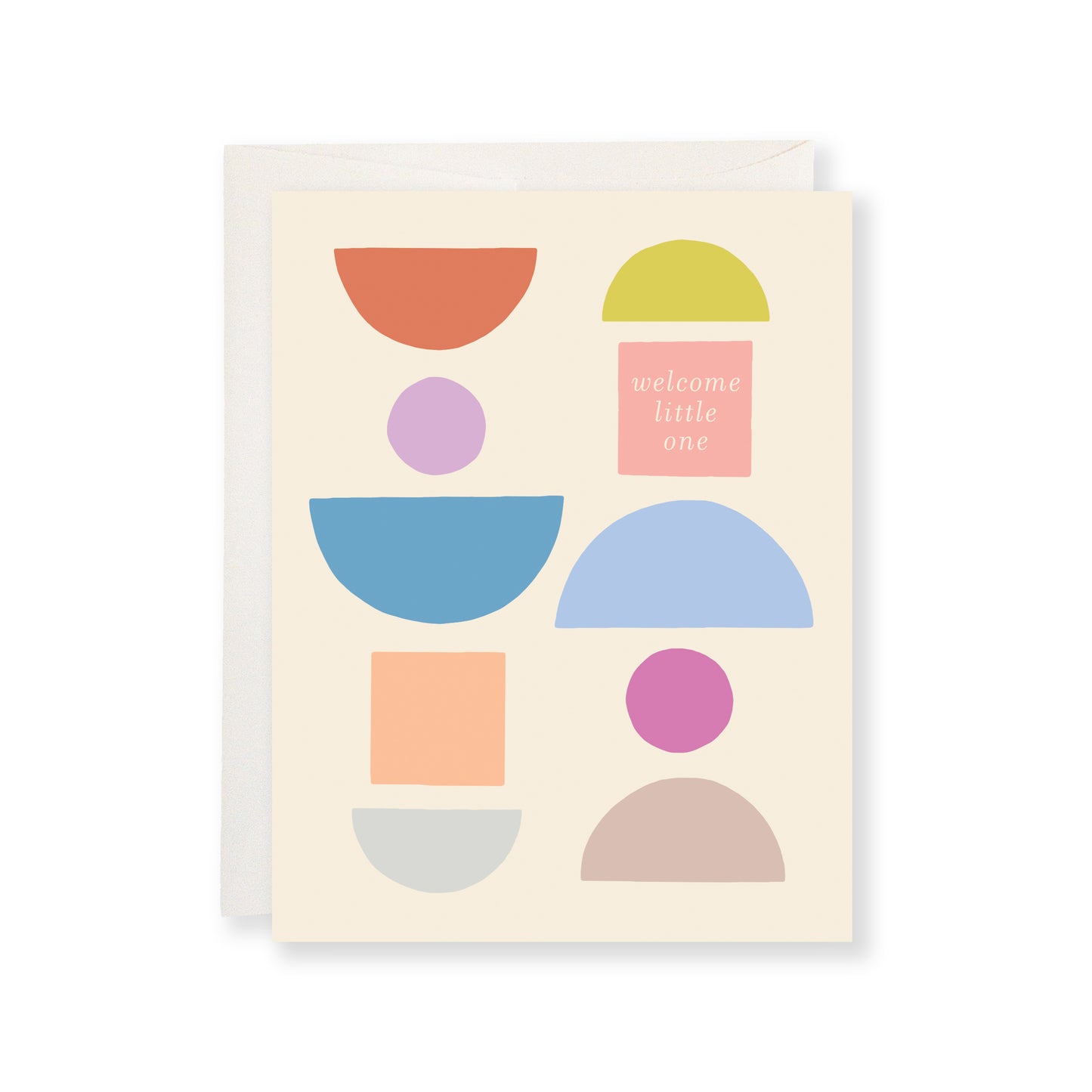 Greeting card with the message "welcome little one" and colorful shapes arranged on a white background.