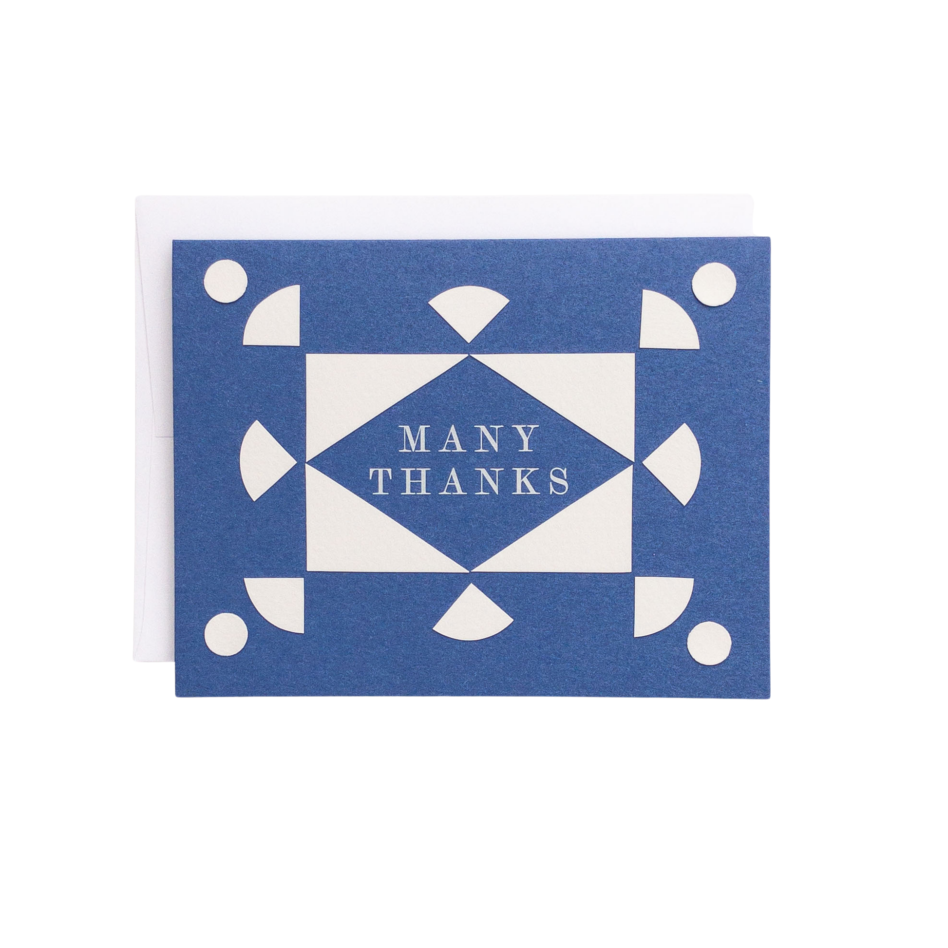 Blue card with white geometric pattern and 'Many Thanks' text on a white background