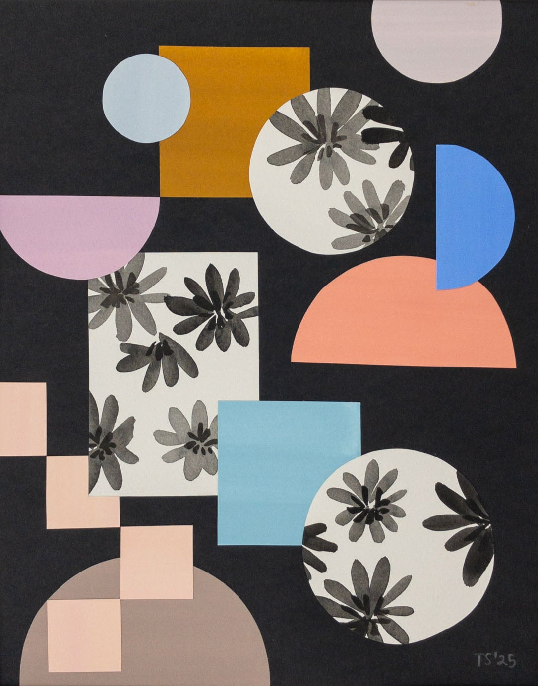 Geometric collage of colored shapes on a black background.