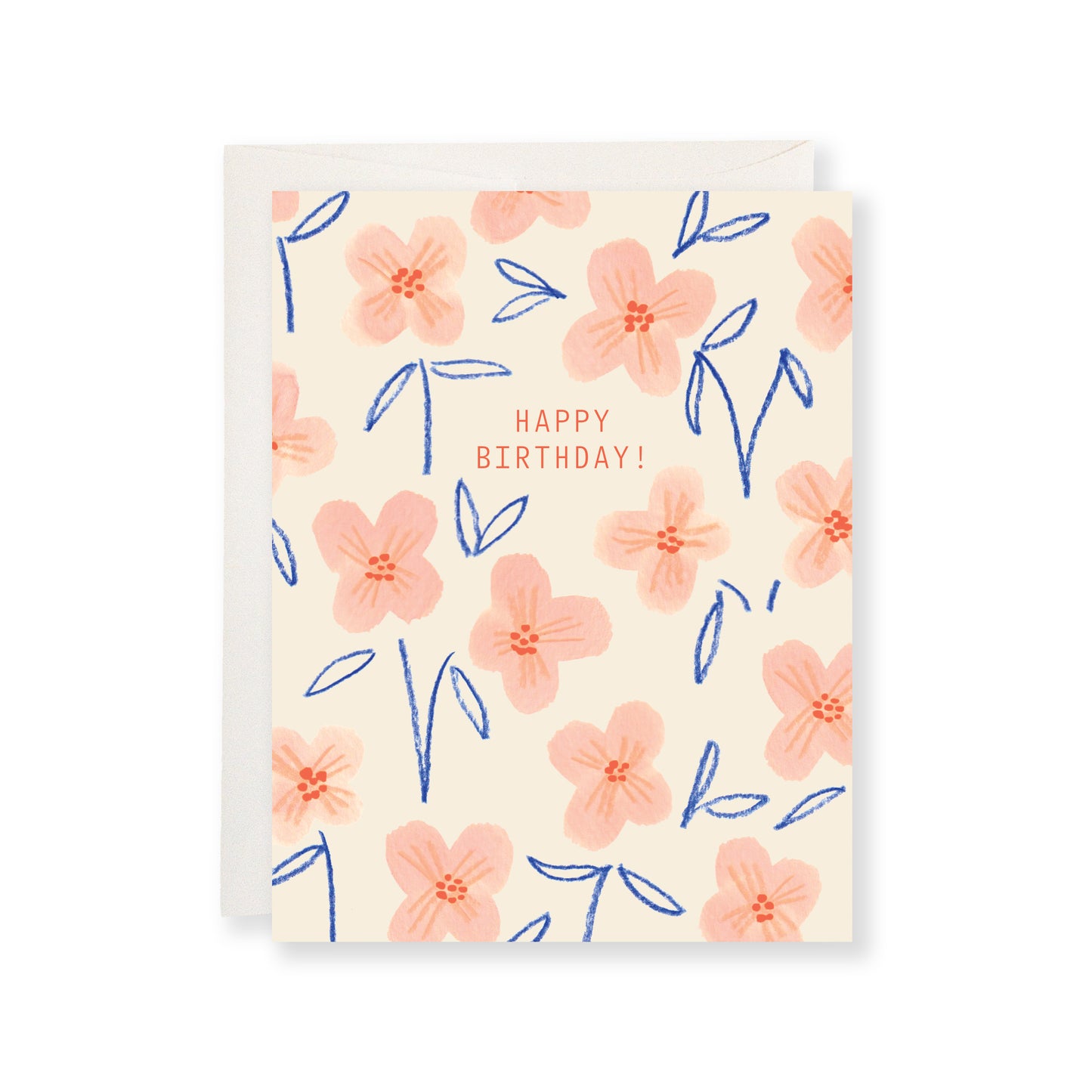 Happy birthday greeting card featuring hand-painted pink flowers and blue leaves.