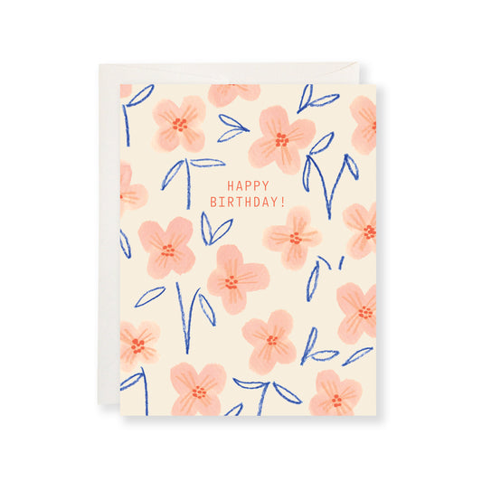 Happy birthday greeting card featuring hand-painted pink flowers and blue leaves.