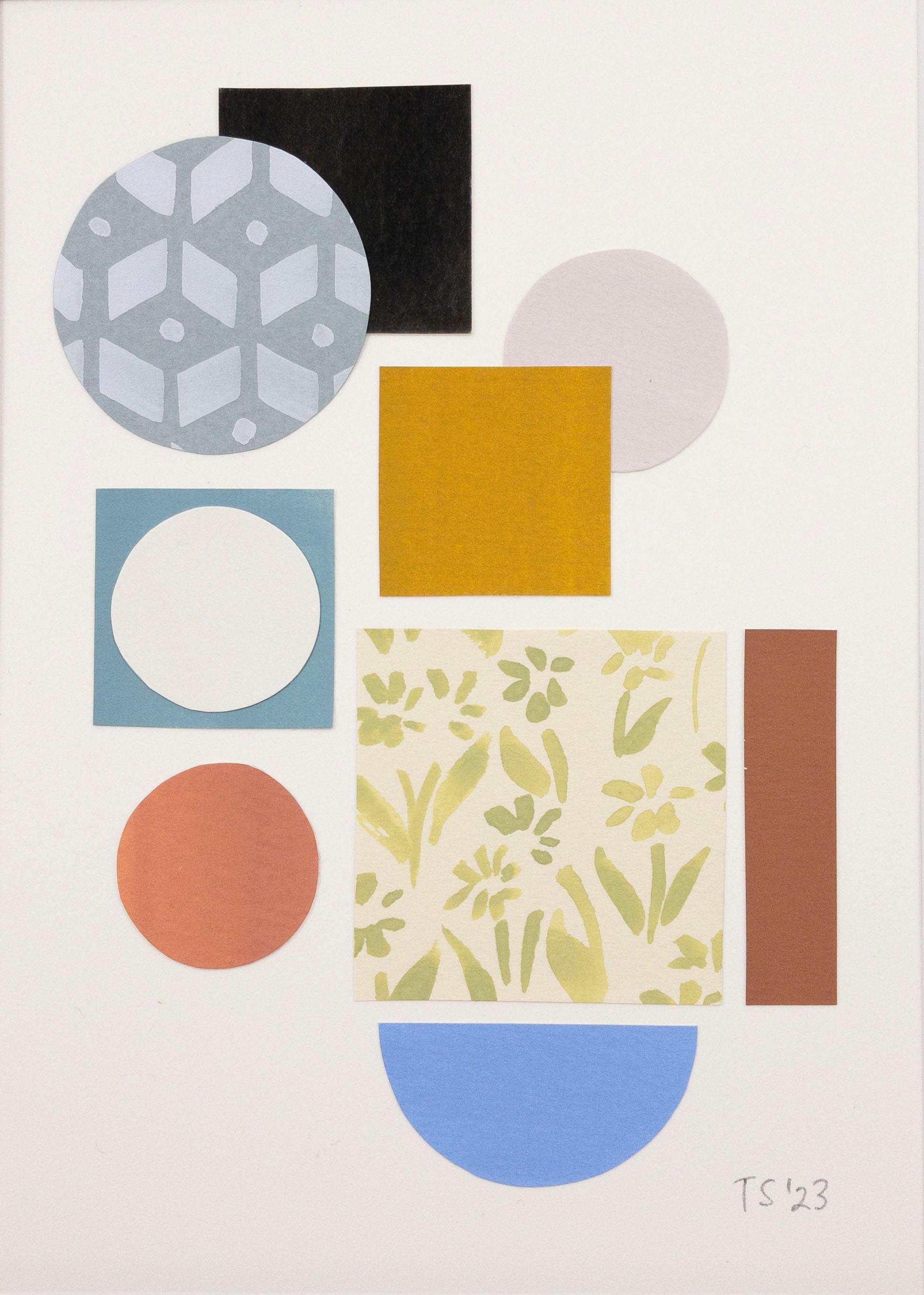 Colorful collage of circles, squares, and a floral pattern.