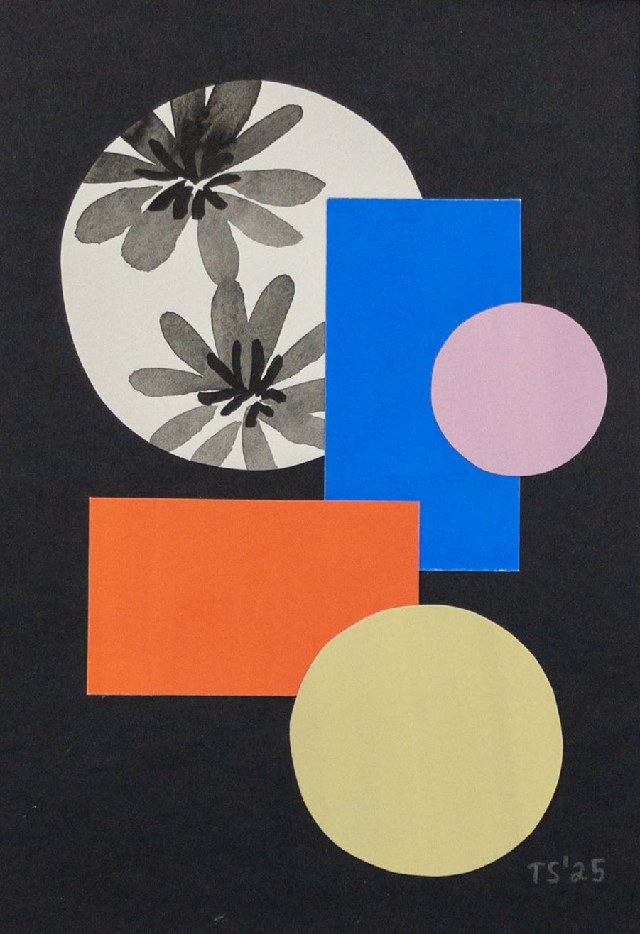 Colorful shape collage with black florals, red, blue, yellow, and purple shapes on a black background.