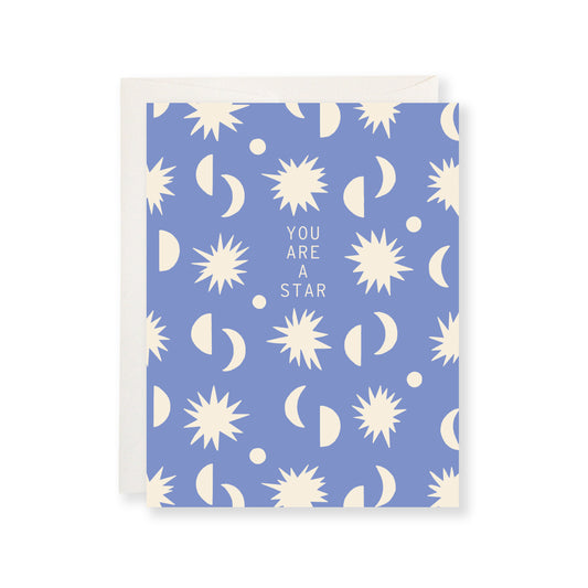 Blue greeting card featuring suns, moons, and the message "You Are A Star".